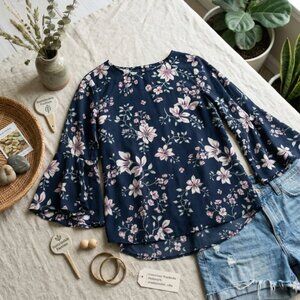 Lily Morgan Navy Blue Floral Blouse Small Botanical Spring Top